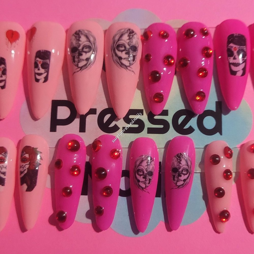 Stiletto Scary Lady Love Hearts Red Rhinestones Press on Nails Set Halloween